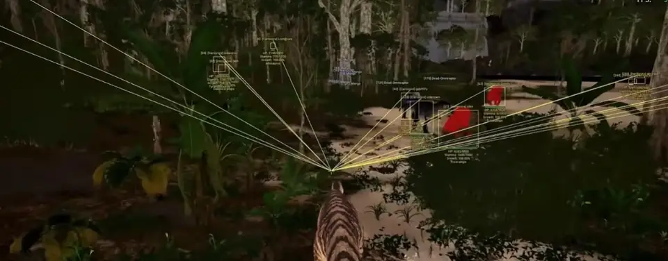 The Isle radar and ESP in a jungle clearing with snaplines