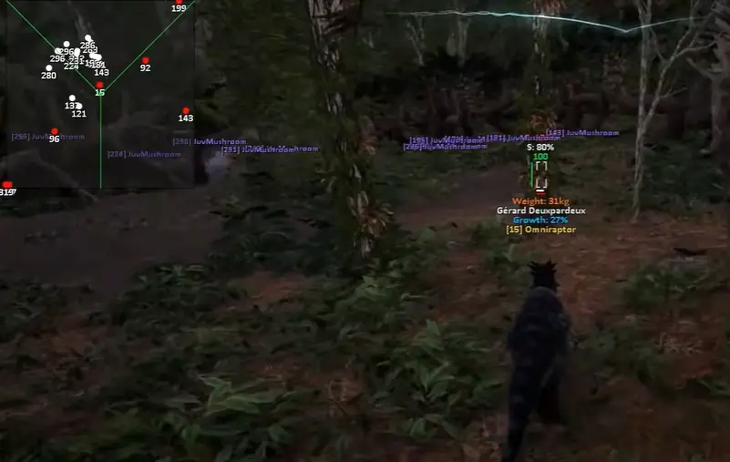 The Isle 2D radar minimap with Omniraptor player information