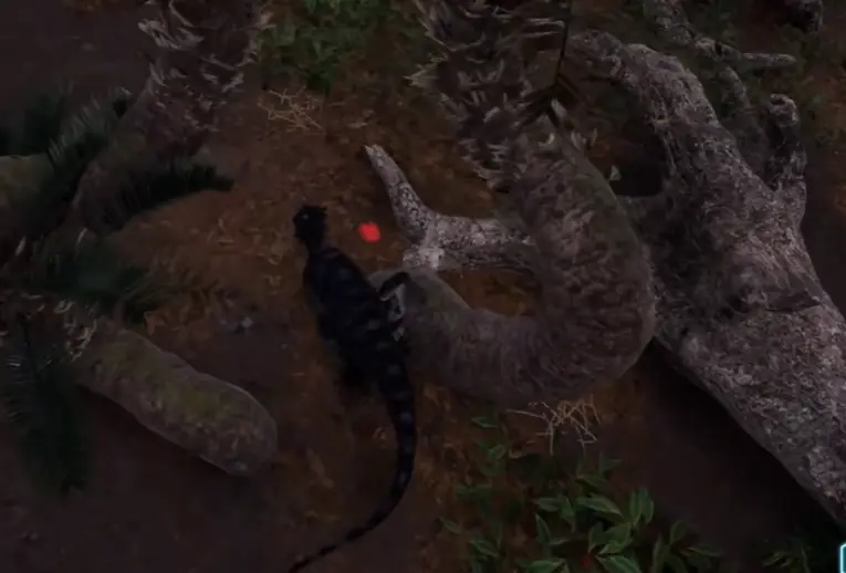 The Isle overhead view of a striped dinosaur on the forest floor